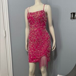 Hot Pink Beaded Fringe Mini Dress - Women's